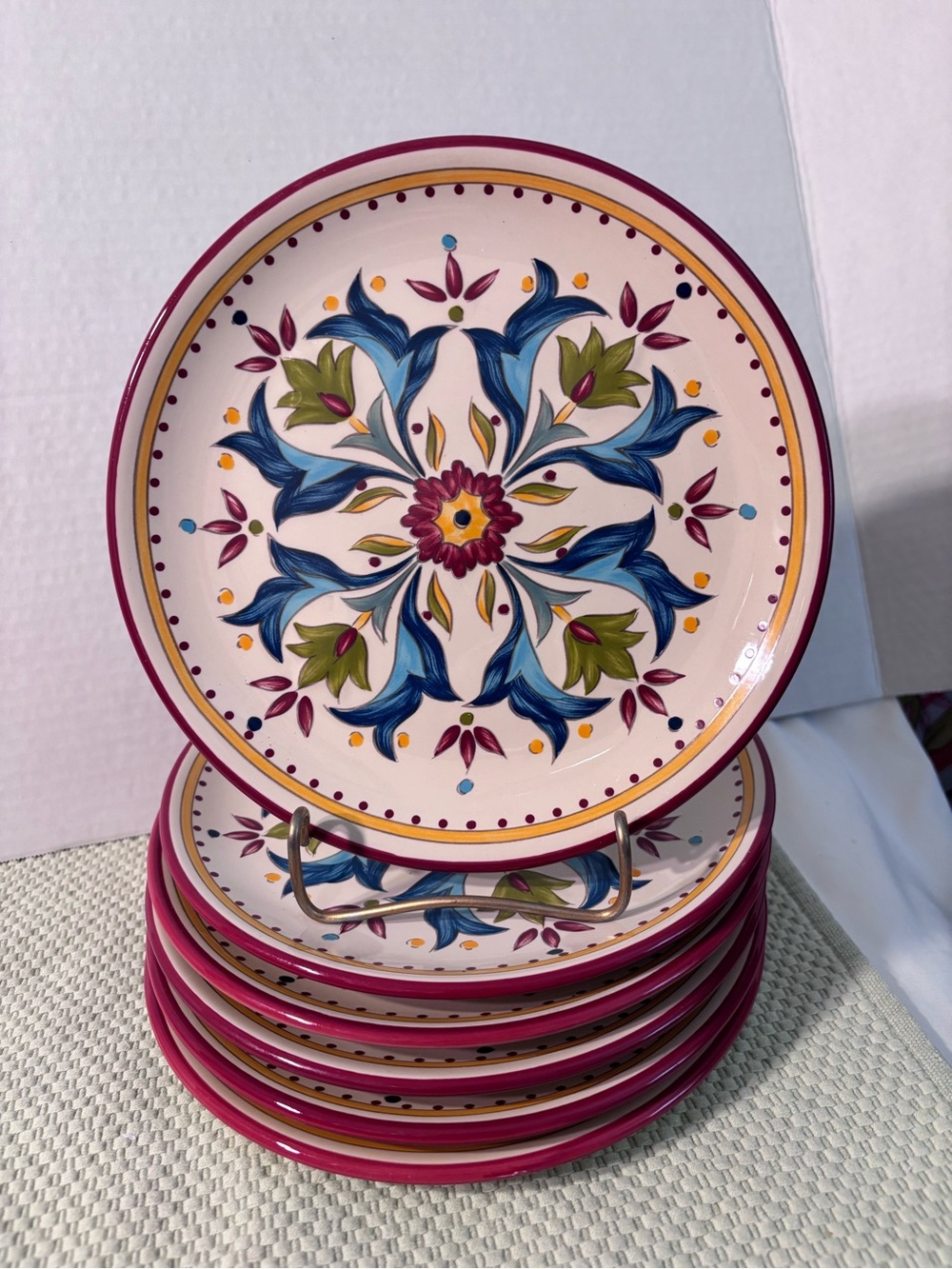 6-Bobby Flay Seville Earthen Ware 8” Salad/Dessert Red Rim Plates Discontinued